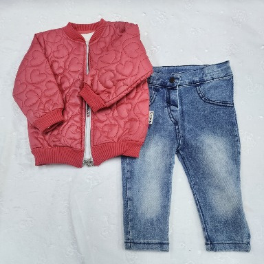 Baby Girl Pink & Red Heart Quilted Jacket with Denim Jeans Set (3–12 Months)