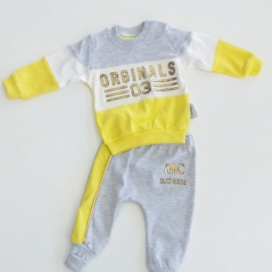 Baby Unisex 2-Piece Color-Block Tracksuit Set – Grey, Yellow & White (0–3 Months)