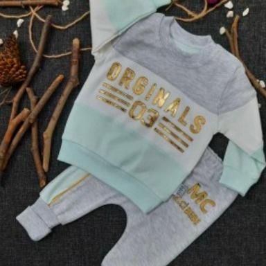 Baby Unisex 2-Piece Color-Block Tracksuit Set – Grey, Yellow & White (0–3 Months)