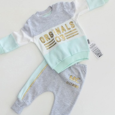 Baby Unisex 2-Piece Color-Block Tracksuit Set – Grey, Yellow & White (0–3 Months)