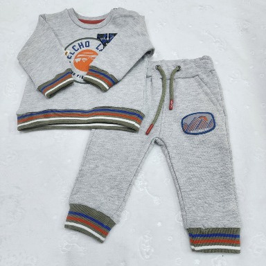Baby Grey 2-Piece Tracksuit Set with Striped Cuffs & Mountain Print (3–6 Months)