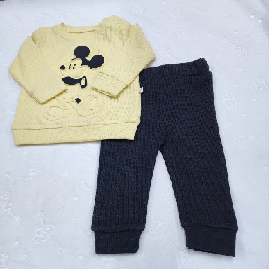 Mickey Mouse Waffle-Knit Baby Set – Yellow Sweatshirt & Navy Leggings (0–6 Months)