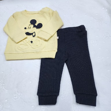 Mickey Mouse Waffle-Knit Baby Set – Yellow Sweatshirt & Navy Leggings (0–6 Months)