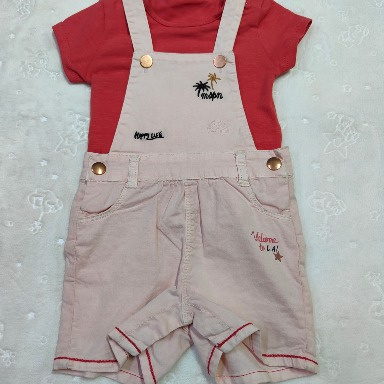 Ecru Dungaree & Red T-Shirt Baby Set (2-Piece)