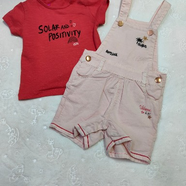 Ecru Dungaree & Red T-Shirt Baby Set (2-Piece)