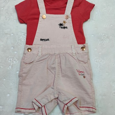 Ecru Dungaree & Red T-Shirt Baby Set (2-Piece)