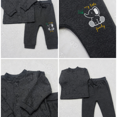 Charcoal Elephant Print Baby 2-Piece Set (6M–2Y) | Long Sleeve Top & Jogger Pants