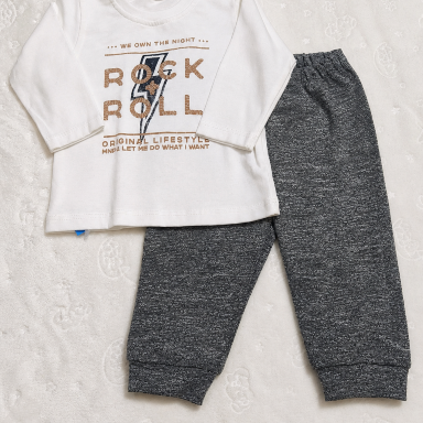 Rock & Roll Baby Boy 2-Piece Set – Ecru Top & Grey Joggers (3–24 Months)