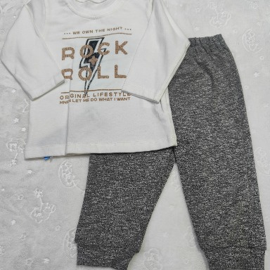 Rock & Roll Baby Boy 2-Piece Set – Ecru Top & Grey Joggers (3–24 Months)