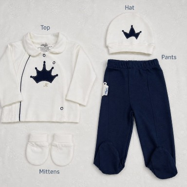 Minborn “Little King” Newborn Hospital Exit Set – 5/10 Piece Cotton Baby Outfit (Navy Blue & White Crown Theme)