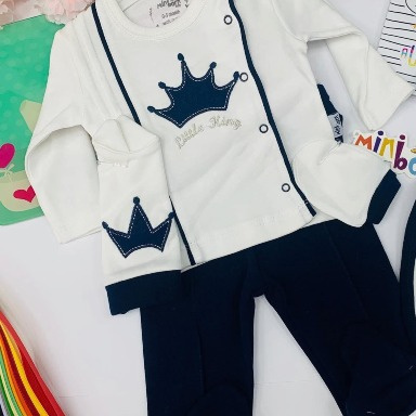 Minborn “Little King” Newborn Hospital Exit Set – 5/10 Piece Cotton Baby Outfit (Navy Blue & White Crown Theme)