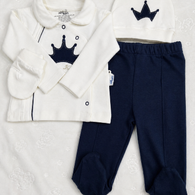 Minborn “Little King” Newborn Hospital Exit Set – 5/10 Piece Cotton Baby Outfit (Navy Blue & White Crown Theme)