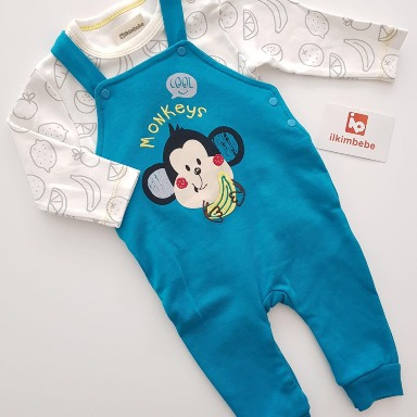 Baby Boys 2-Piece Monkey Dungaree Set – Blue & Teal Blue Salopet with Long Sleeve Bodysuit (0–3 Months)