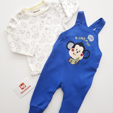 Baby Boys 2-Piece Monkey Dungaree Set – Blue & Teal Blue Salopet with Long Sleeve Bodysuit (0–3 Months)