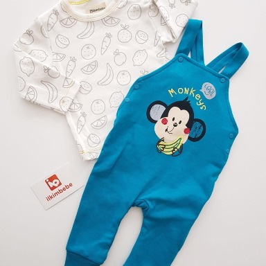 Baby Boys 2-Piece Monkey Dungaree Set – Blue & Teal Blue Salopet with Long Sleeve Bodysuit (0–3 Months)