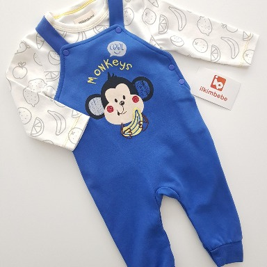Baby Boys 2-Piece Monkey Dungaree Set – Blue & Teal Blue Salopet with Long Sleeve Bodysuit (0–3 Months)