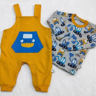 Mustard Yellow Baby Dungaree Set with Construction Print Top (3–6 Months)