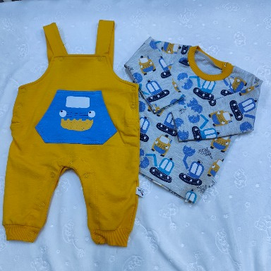 Mustard Yellow Baby Dungaree Set with Construction Print Top (3–6 Months)