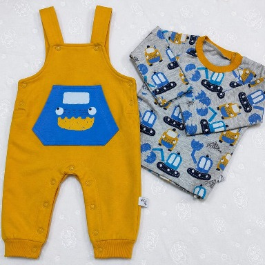 Mustard Yellow Baby Dungaree Set with Construction Print Top (3–6 Months)