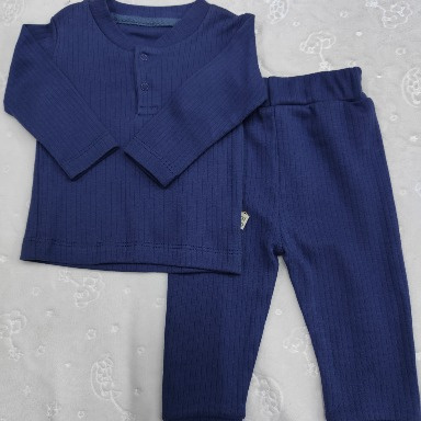 Baby Ribbed Henley Lounge Set – Navy Blue (3–6 Months)