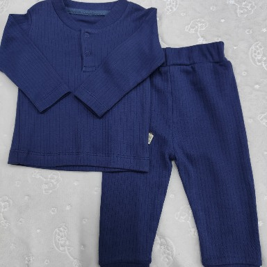 Baby Ribbed Henley Lounge Set – Navy Blue (3–6 Months)
