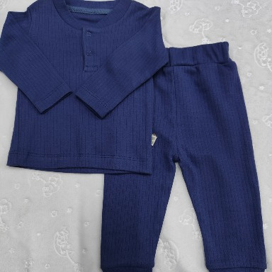 Baby Ribbed Henley Lounge Set – Navy Blue (3–6 Months)