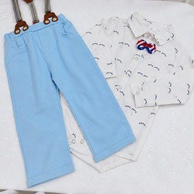 Baby Boy Formal Outfit with Suspenders & Bow Tie – Light Blue Set (Size 90–95)