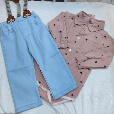 Baby Boy Formal Outfit with Suspenders & Bow Tie – Light Blue Set (Size 90–95)