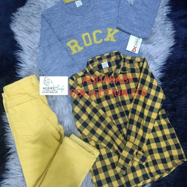 Boys 3-Piece Rock Style Outfit Set – Sweater, Checkered Shirt & Yellow Trousers (5 Years)