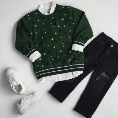 Boys 3-Piece Festive Outfit Set – Green Star Sweater, White Shirt & Black Distressed Jeans (Size 7 Years)