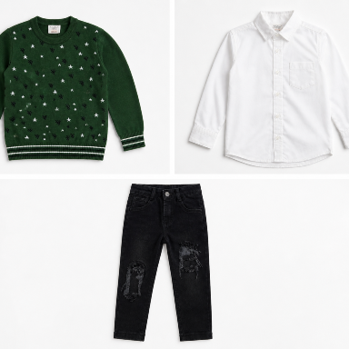 Boys 3-Piece Festive Outfit Set – Green Star Sweater, White Shirt & Black Distressed Jeans (Size 7 Years)