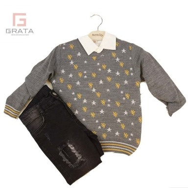 Kids Grey Star Sweater Outfit with Distressed Jeans | Size 7 Years – Aquababy Shop