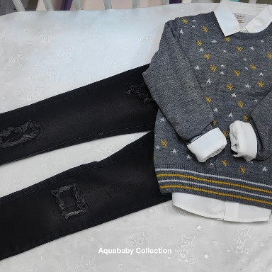 Kids Grey Star Sweater Outfit with Distressed Jeans | Size 7 Years – Aquababy Shop