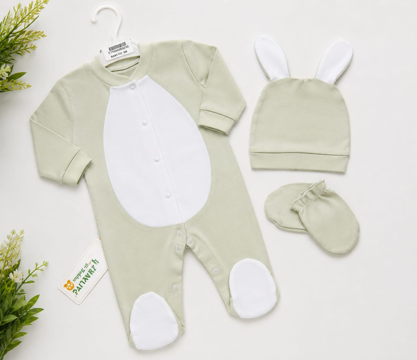 Bunny-Themed Newborn Outfit Set – Footed Romper & Bunny Ear Hat (0–9M)