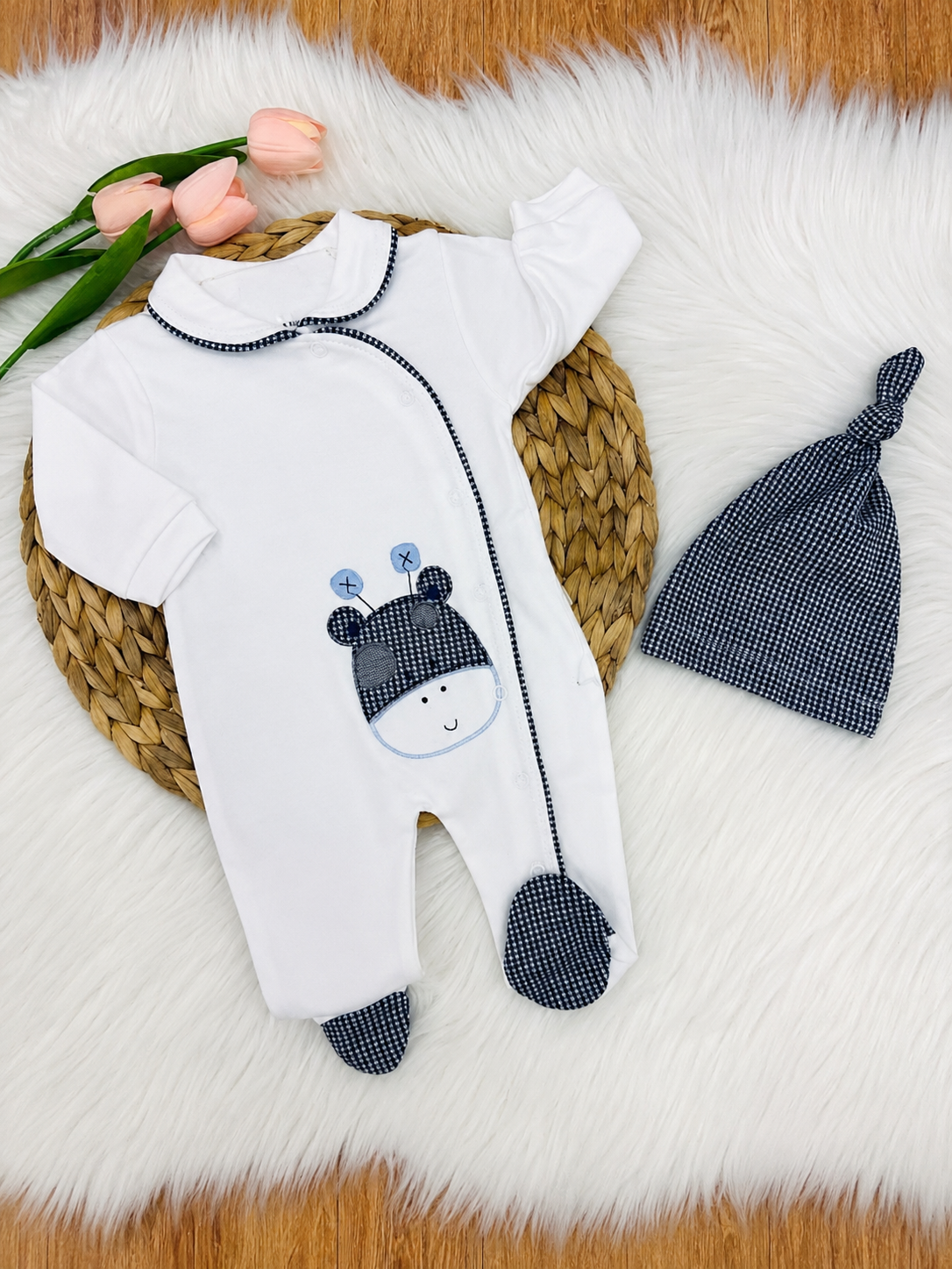 Baby Footed Romper with Checked Hat (0–6M) | Soft Cotton Newborn & Infant Outfit Set