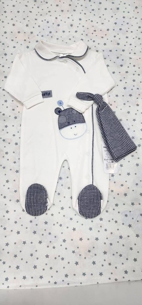 Baby Footed Romper with Checked Hat (0–6M) | Soft Cotton Newborn & Infant Outfit Set