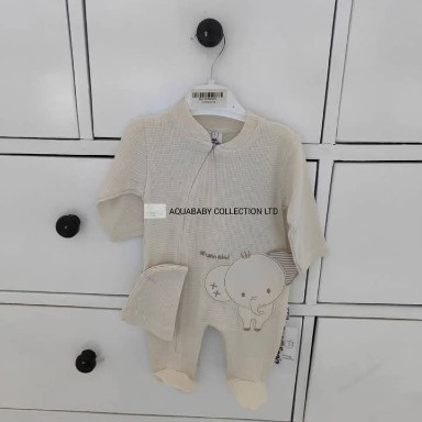 Beige Elephant Embroidered Baby Romper | Side Zipper Footed Sleepsuit (0–6M)