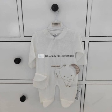 White Elephant Embroidered Baby Romper | Side Zipper Footed Sleepsuit (0–3M)
