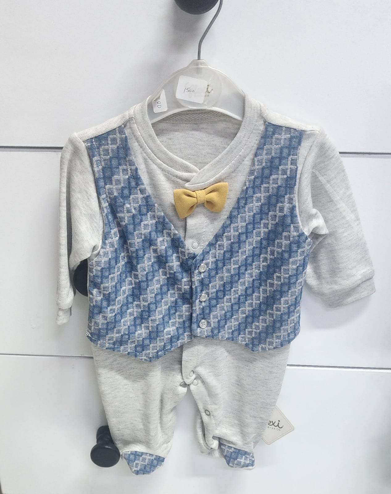 Grey & Blue Vest Baby Romper with Bow Tie | Formal Newborn Outfit (0–3M)