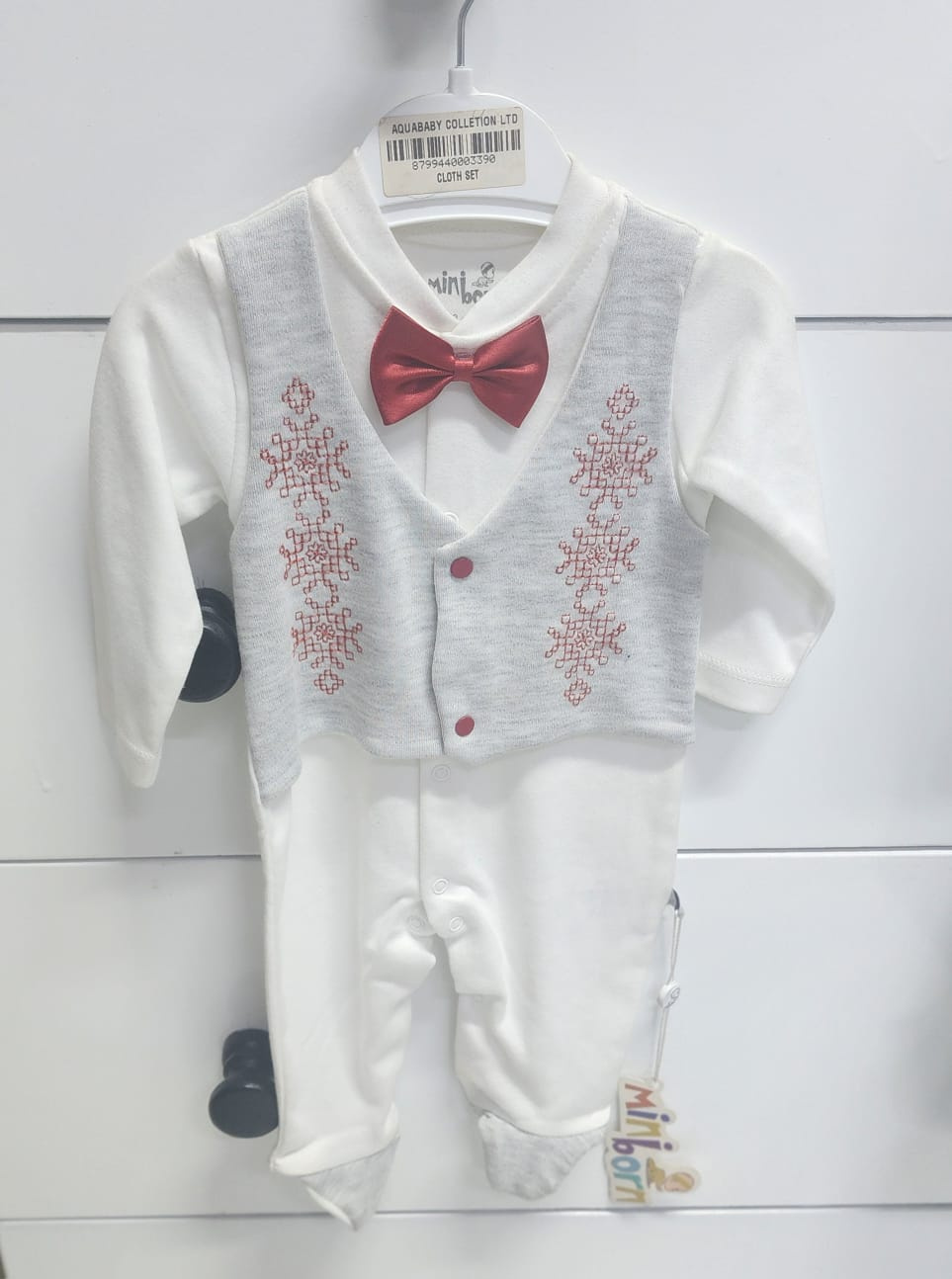 White Formal Baby Romper with Red Bow Tie | Newborn Outfit (0–3M)