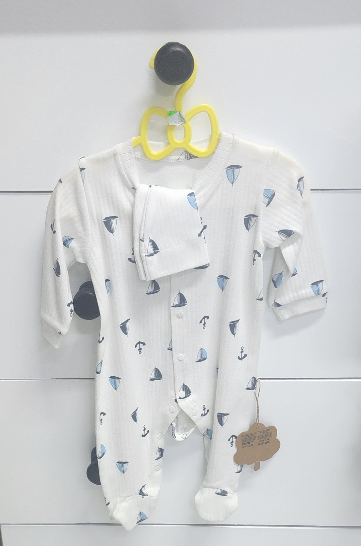 Sailboat & Anchor Baby Sleepsuit Set with Cap | Footed Romper (3–6M)