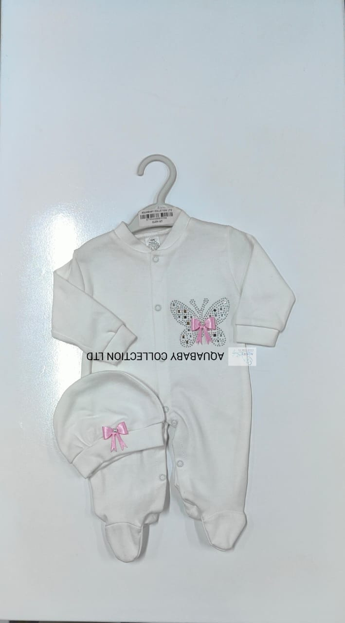 Baby Girl Butterfly Rhinestone Layette Set | Footed Romper & Hat (6–9M)