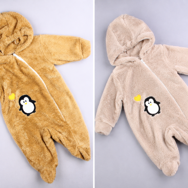 Penguin Hooded Fleece Baby Romper – Warm Footed Jumpsuit for Babies