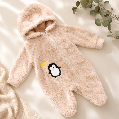 Penguin Hooded Fleece Baby Romper – Warm Footed Jumpsuit for Babies